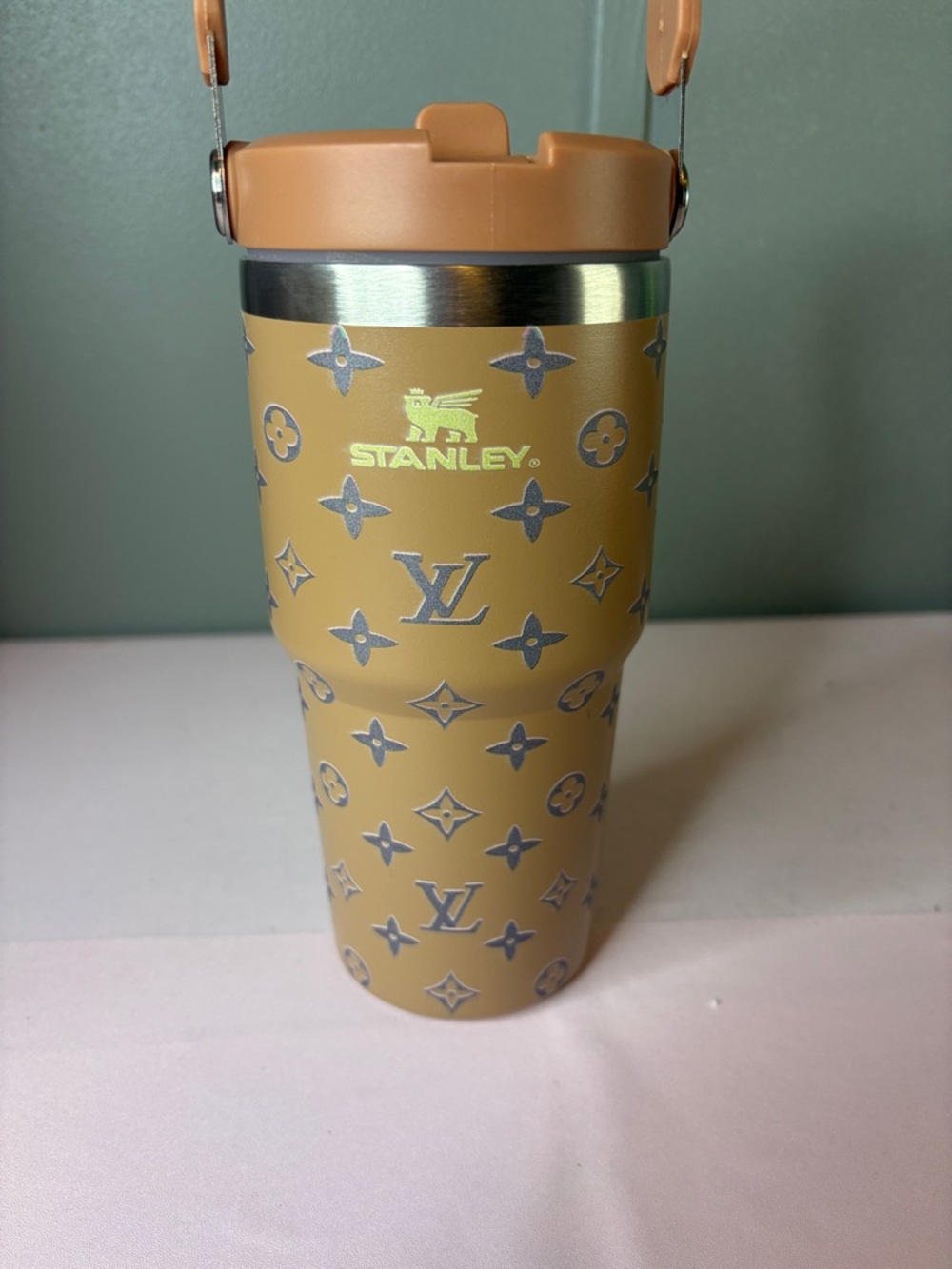 Stanley Tan Travel Tumbler with Metallic Monogram Accents